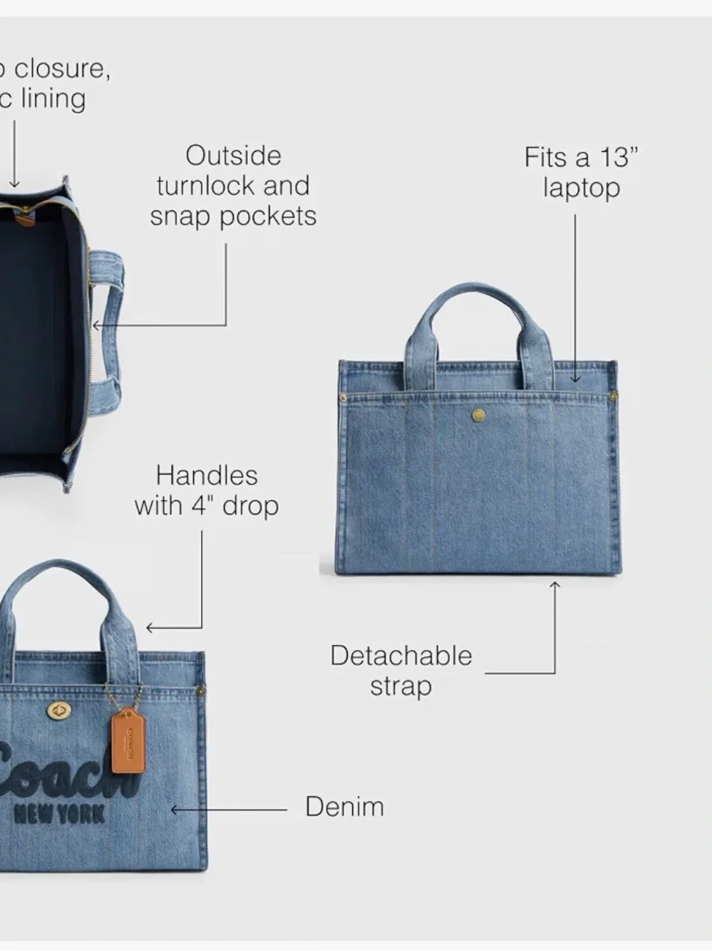 NWT Coach Denim Cargo Tote with Logo and Leather Tag in Blue and Tan